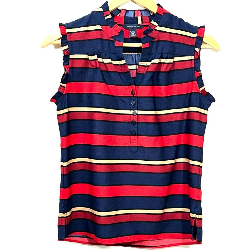 TOMMY HILFIGER RED,NAVY,BEIGE BLACK RUFFLED SLEEVELESS STRIPED BLOUSE